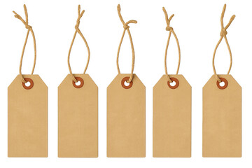 Blank Brown Paper Tags with Twine Mockup Background - Set of Five Label Templates for Product Pricing, Gifts, Crafts, and Retail Merchandise Display with Customizable Space (200)