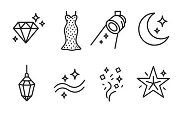 Glamorous Evening Icons. Glamorous Evening linear icon set: diamond shine, sequined fabric, spotlight beam, crescent moon, crystal light, glowing wave, confetti spark, metallic