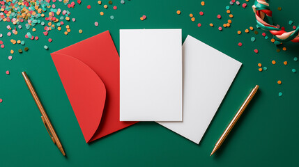 White blank stationery sheets arranged on a green surface, surrounded by colorful confetti and red envelopes, creating a festive atmosphere for invitations or greeting cards