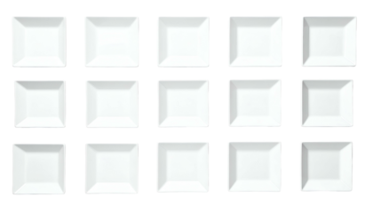15 small square white plates arranged in a grid pattern