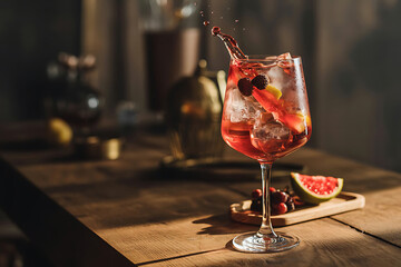 Cold Festive Transparent Cocktail with Ice, Berries and Red Liquor Splash on Vintage Wooden Table