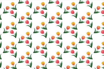 A charming seamless pattern of hand-drawn tulips in pink and yellow with green leaves on a white background. Perfect for spring-themed designs, fabric, or stationery.