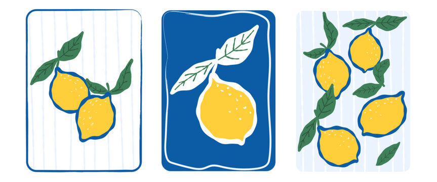 Colorful Mediterranean Italian posters with bright lemons, vibrant citrus art prints for kitchen d&eacute;cor, wall art and summer design