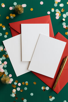 White blank stationery sheets arranged on a green surface, surrounded by colorful confetti and red envelopes, creating a festive atmosphere for invitations or greeting cards