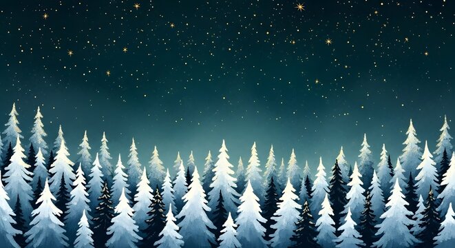 Snowy pine trees under a dark winter night sky