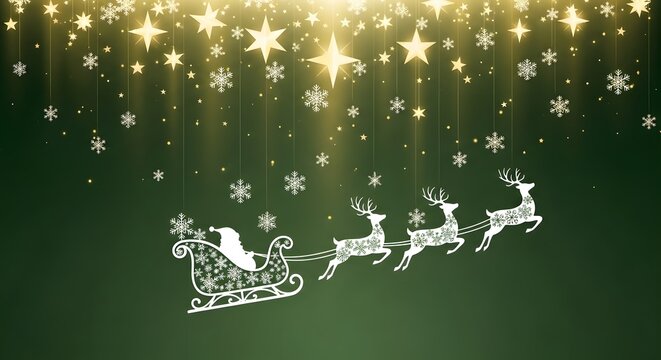 Santa's sleigh pulled by reindeer against a starry, snowy night sky with glowing stars and falling snowflakes