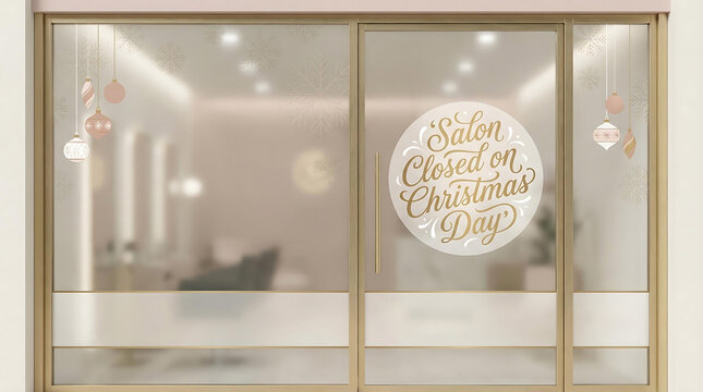 Salon closed on Christmas Day window decal with ornaments, christmas, closed, salon, window, decal, ornament, holiday, announcement, business, notification, door, glass, festive, decoration, winter, s - Powered by Adobe