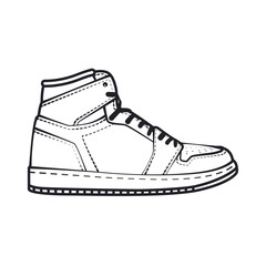 High-top sneaker line art, detailed stitching, clean outline vector, modern streetwear footwear drawing.