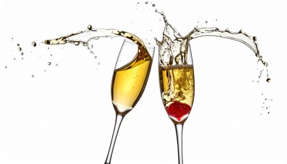 Two champagne flutes clinking mid-toast, golden liquid splashing with red berry accent on white background.