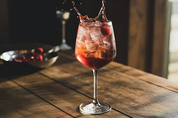 High Wine Glass Cocktail Backlit with Ice, Berries and Red Syrup Splash on Wooden Background