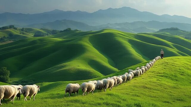 A pastoral scene depicts a shepherd leading a flock of sheep across rolling hills bathed in sunlight.