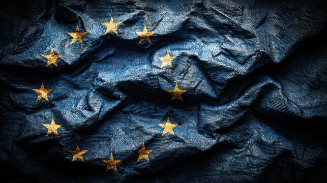 Waving European Union Flag With Stars on a Textured Blue Background