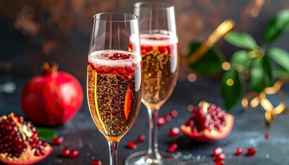 Festive champagne flutes with pomegranate seeds, surrounded by fruit, leaves, and golden ribbon on gray surface.