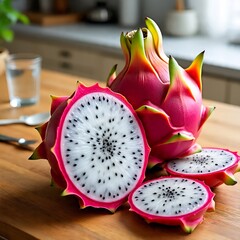 Whole and Sliced Dragon Fruit on Wooden Counter in Modern Kitchen