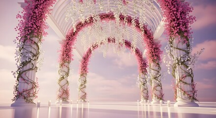 A series of floral arches adorned with pink and white flowers, creating a romantic and elegant outdoor setting.