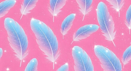 Blue feathers floating on a pink background with sparkles