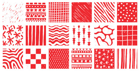 Naklejka premium A set of hand-drawn red abstract pattern tiles featuring geometric shapes, lines, waves, dots, and textured elements. Perfect for backgrounds, wrapping paper, branding, textiles, and decorative design