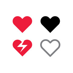 Heart icons set, symbol of love. Red and black heart. Broken heart icon.