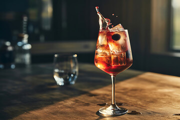 Refreshing Transparent Cocktail with Red Liquor Splash and Berries on Rustic Wooden Table