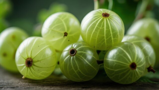 Green gooseberries on wooden surface