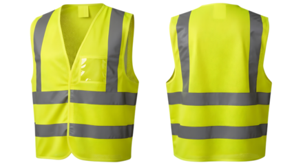 Front and back view of a yellow reflective safety vest isolated on transparent background