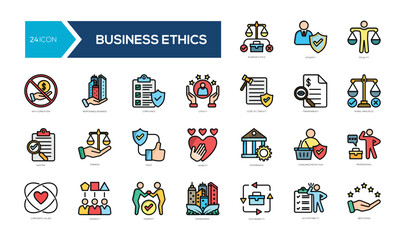 A collection of 24 flatline icons representing ethical principles in business