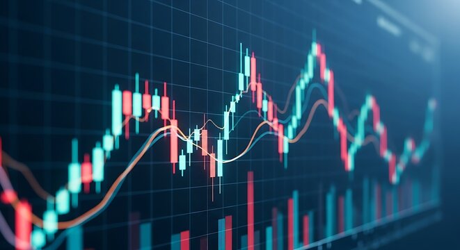 Financial stock market graph showing candlestick charts and line graphs on a dark blue background, representing investment, trading, and economic data analysis for business growth and decline