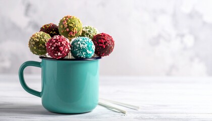Colorful cake pops in turquoise mug on light wooden surface with clean white background.