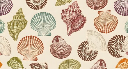 Patterned illustration of various seashells in vintage style