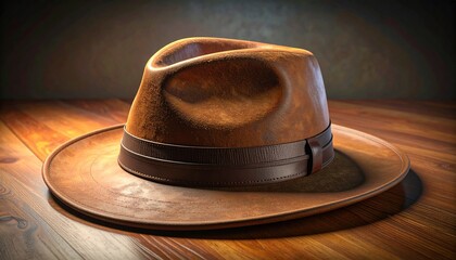 Brown fedora with black band, rugged texture and classic shape, lit dramatically against dark backdrop.