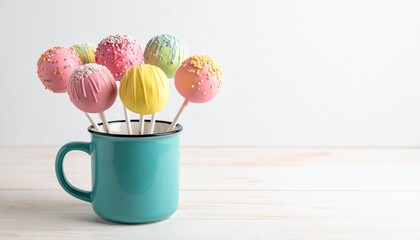 Colorful cake pops in turquoise mug on light wooden surface with clean white background.