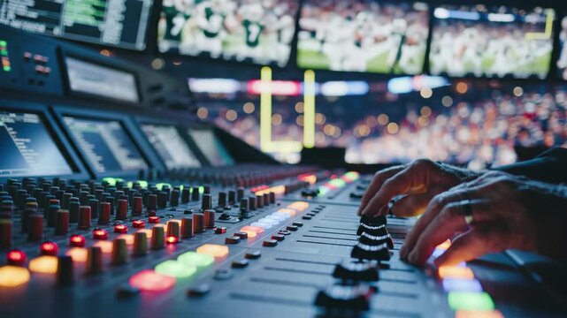 Dynamic broadcast control room with senior engineer mixing audio for live football event - Powered by Adobe