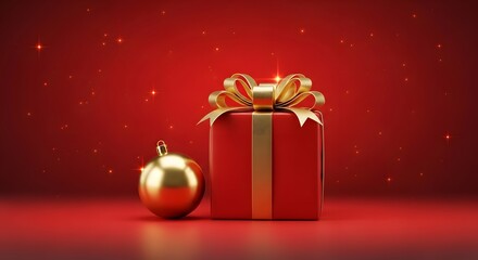 Red gift box with gold ribbon and ornament on a festive red background