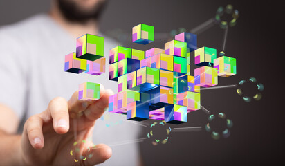 Abstract concept of digital technology, representing connectivity, networking, and data analysis in an innovati