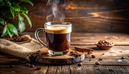 Two glass mugs of hot coffee with rising steam, surrounded by beans, cinnamon sticks, and rustic textures.