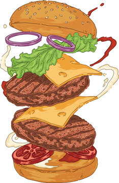 Exploded View Double Cheeseburger Illustration. Dynamic Two Patty Hamburger with Floating Ingredients and Sauce Splash.eps