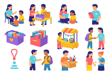 Vibrant School Volunteering Icons. School Volunteering flat icon set: student mentoring peers, class organizing donation drive, youth reading to children, student with clipboard
