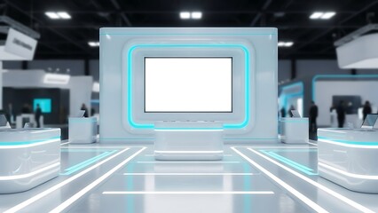 Futuristic Exhibition Stand with Blank Screen for Product Presentation.