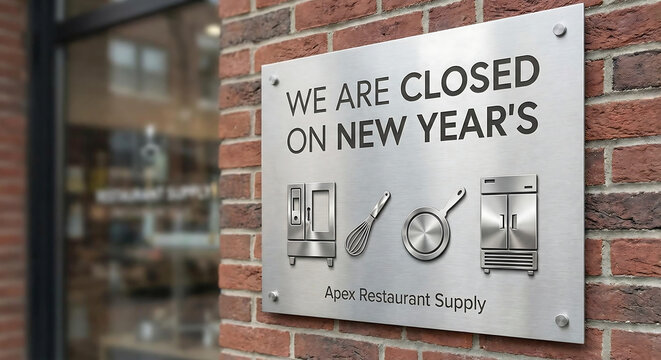 Restaurant Supply Store Closed For New Years Sign closed sign, closed sign, new years, restaurant supply, store, business, holiday, announcement, metal sign, brick wall, kitchen equipment, oven, whisk