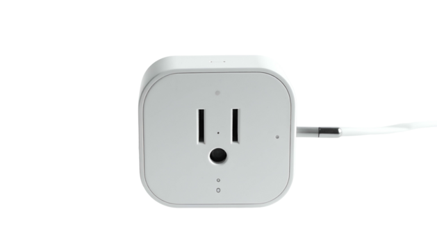 Square, white, smart plug with cord against a black background