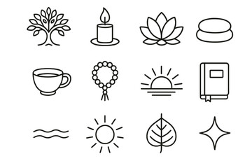 Bodhi Day Icons. Bodhi Day Peaceful Reflection linear icon set: Bodhi tree, candle flame, lotus flower, meditation cushion, tea cup, prayer beads, sunrise, journal, gentle wave
