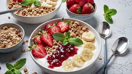 Delicious breakfast bowl with fresh strawberries, bananas, yogurt and granola - Powered by Adobe