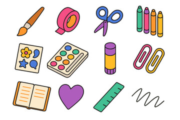 Creative Journaling Icons. Creative Journaling flat icon set: paintbrush, washi tape, scissors, colored pens, stickers, watercolor palette, glue stick, paper clips, open notebook