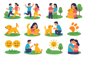 Joyful Pet Companionship. Joyful Companionship flat icon set: running in park, playful jump, shared laughter, pets chasing ball, wagging tail, cuddle time, happy faces, treat