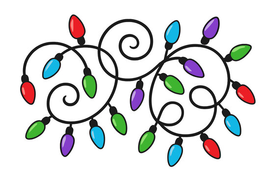 Whimsical Christmas Lights. Whimsical swirl of Christmas lights with colorful bulbs, including red, blue, green, and purple, on a looping wire. The playful curves and twists add a