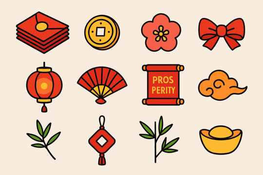 Isometric Lunar Envelopes. Lunar Fortune Envelopes flat icon set: stack of red envelopes, golden seal, coin pattern, plum blossom, silk ribbon, glowing lantern, paper fan