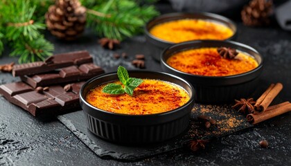 Festive crème brûlée with holiday decorations including pinecones, cinnamon, dried oranges, and a chocolate “2024” on dark slate.