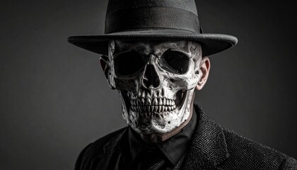 Person in black suit and fedora with skull face against dark textured background, evoking mystery and death.