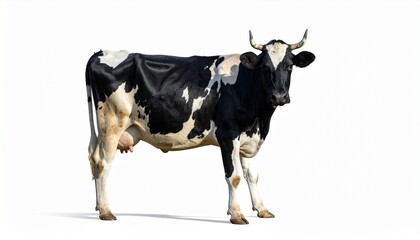 Holstein cow standing on white background with visible udder and black-white markings, full-body view.