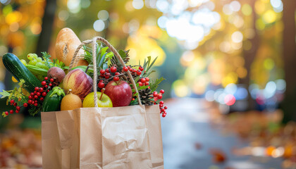 Thanksgiving price increase idea for fresh fruit and vegetable in paper bag with autumn background creates festive mood